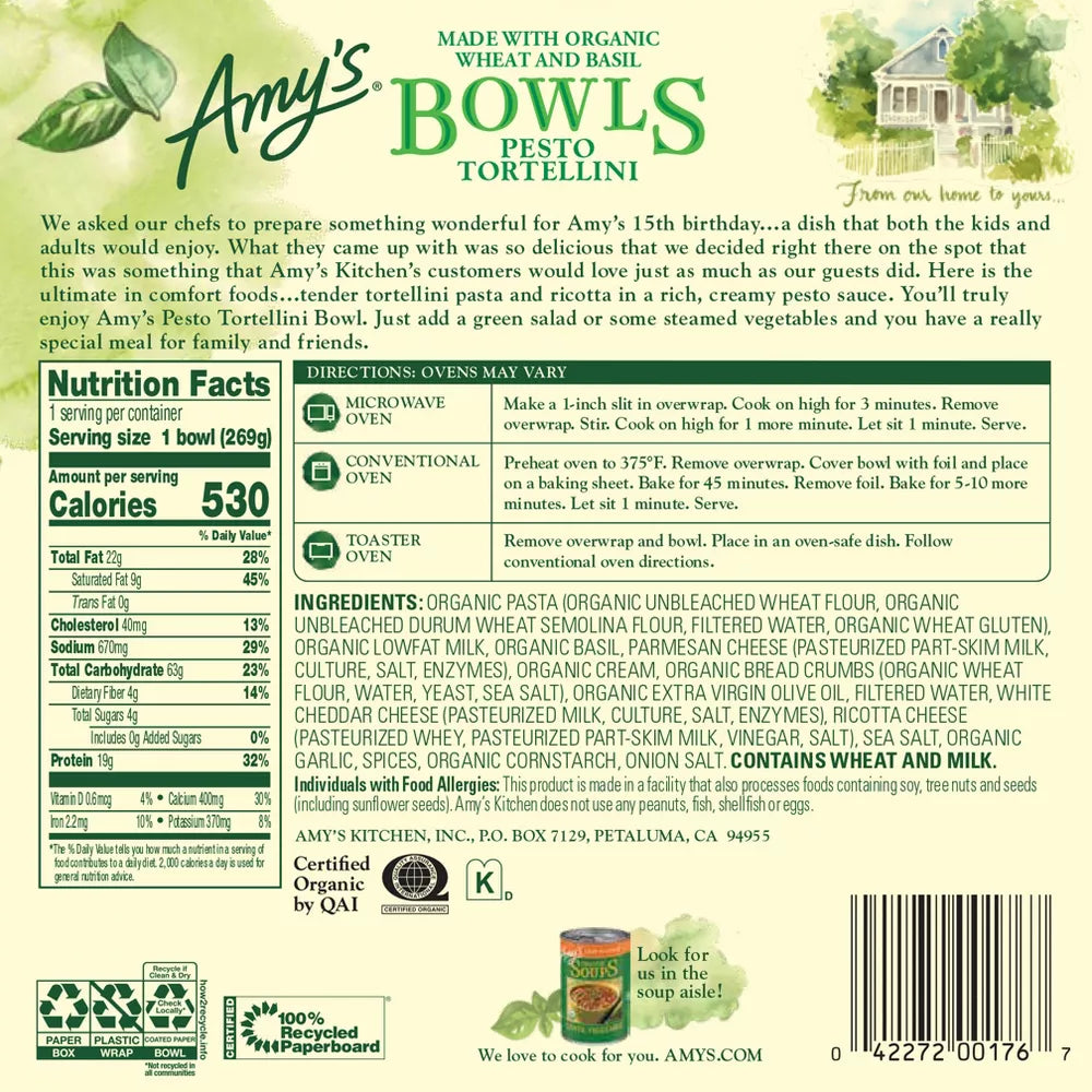 Amy's Frozen Pesto Tortellini Bowls, 9.5 oz