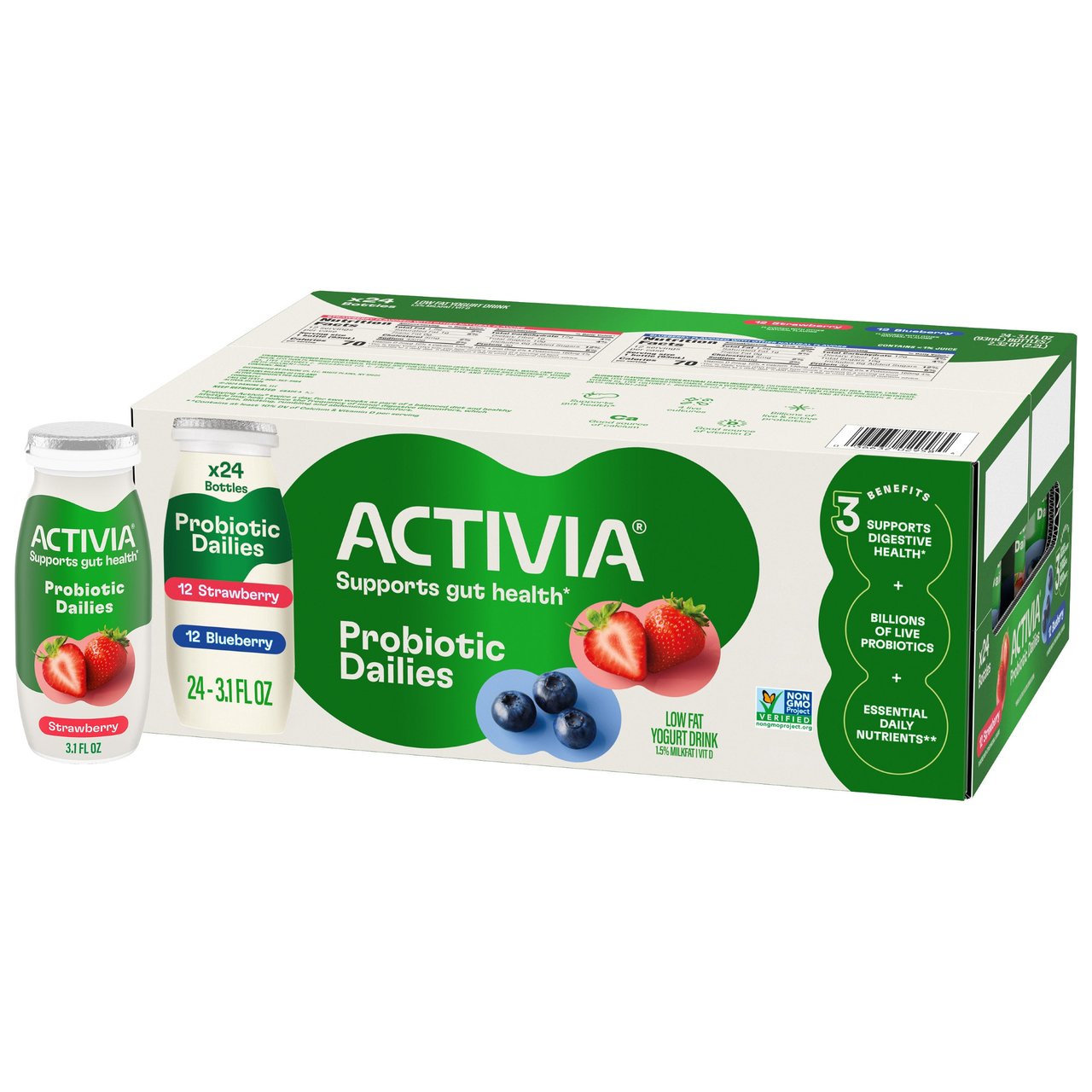 Activia Probiotic Dailies Low Fat Yogurt Drink, Strawberry & Blueberry, 24 ct, 3.1 oz
