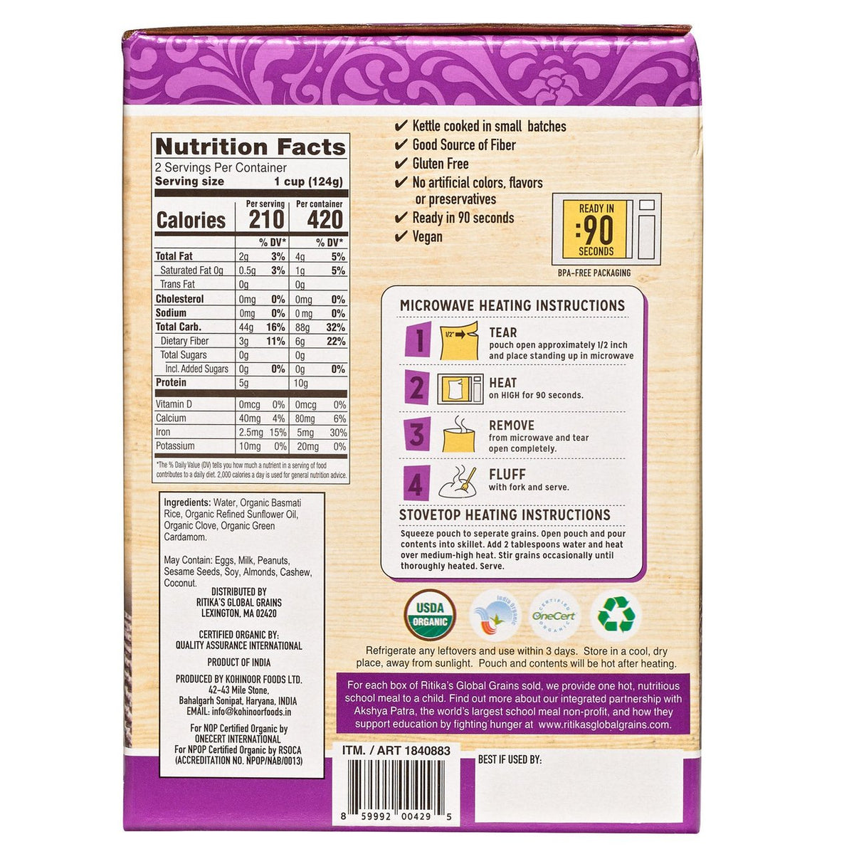 Ritika's Global Grains Organic Basmati Rice, 8.8 oz, 6-count
