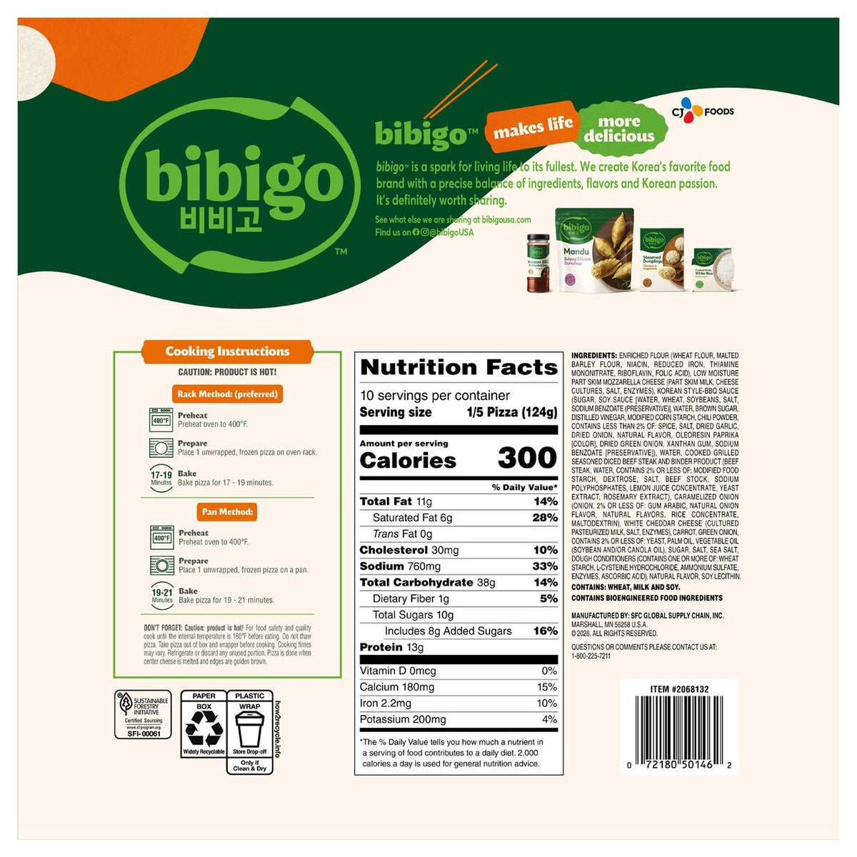 Bibigo Classic Korean BBQ-Style Pizza, 2-Pack