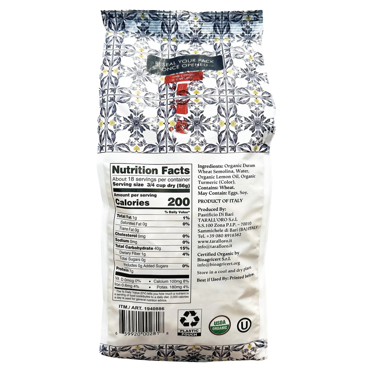 Organic Di Bari Lemon Torchietti Pasta 2.2 Pounds