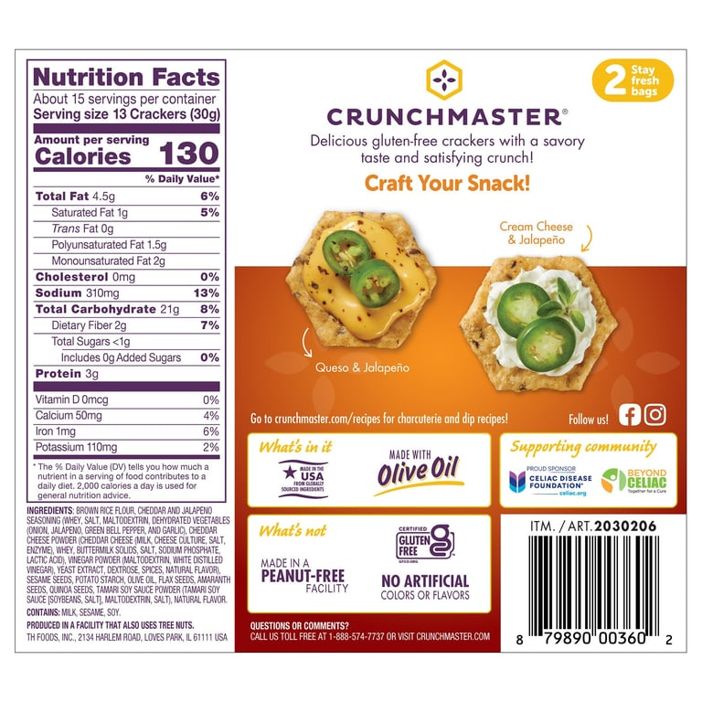 Crunchmaster Cheddar Jalapeño Crackers, 16 oz Box