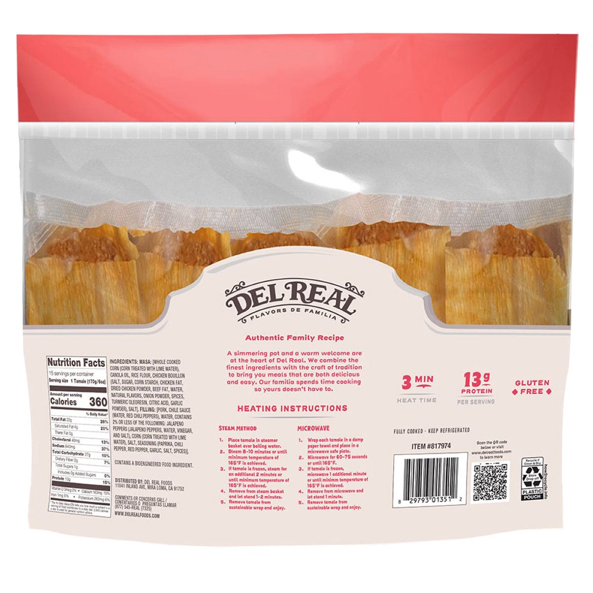 Del Real Stone Ground Corn Masa Pork Tamale, 15 ct