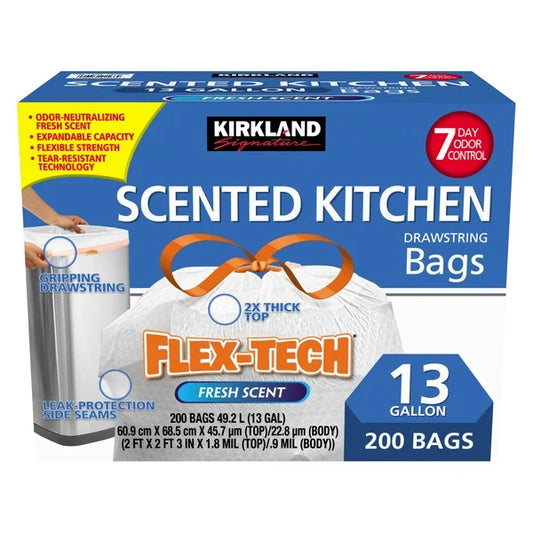 Kirkland Signature Flex-Tech 13 Gallon Scented Drawstring Bags, 200 Count