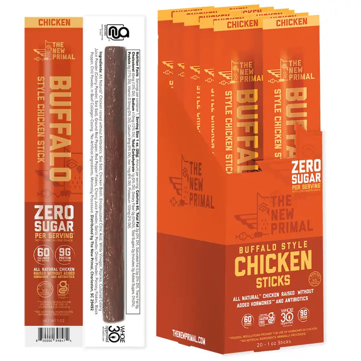 The New Primal Buffalo Style All-Natural Chicken Meat Sticks Zero Sugar, 20 Count