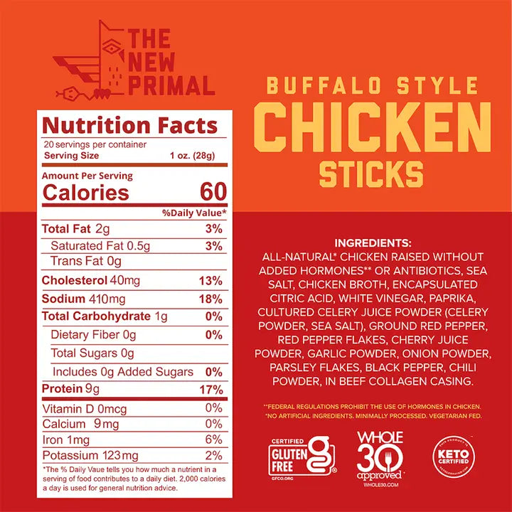 The New Primal Buffalo Style All-Natural Chicken Meat Sticks Zero Sugar, 20 Count