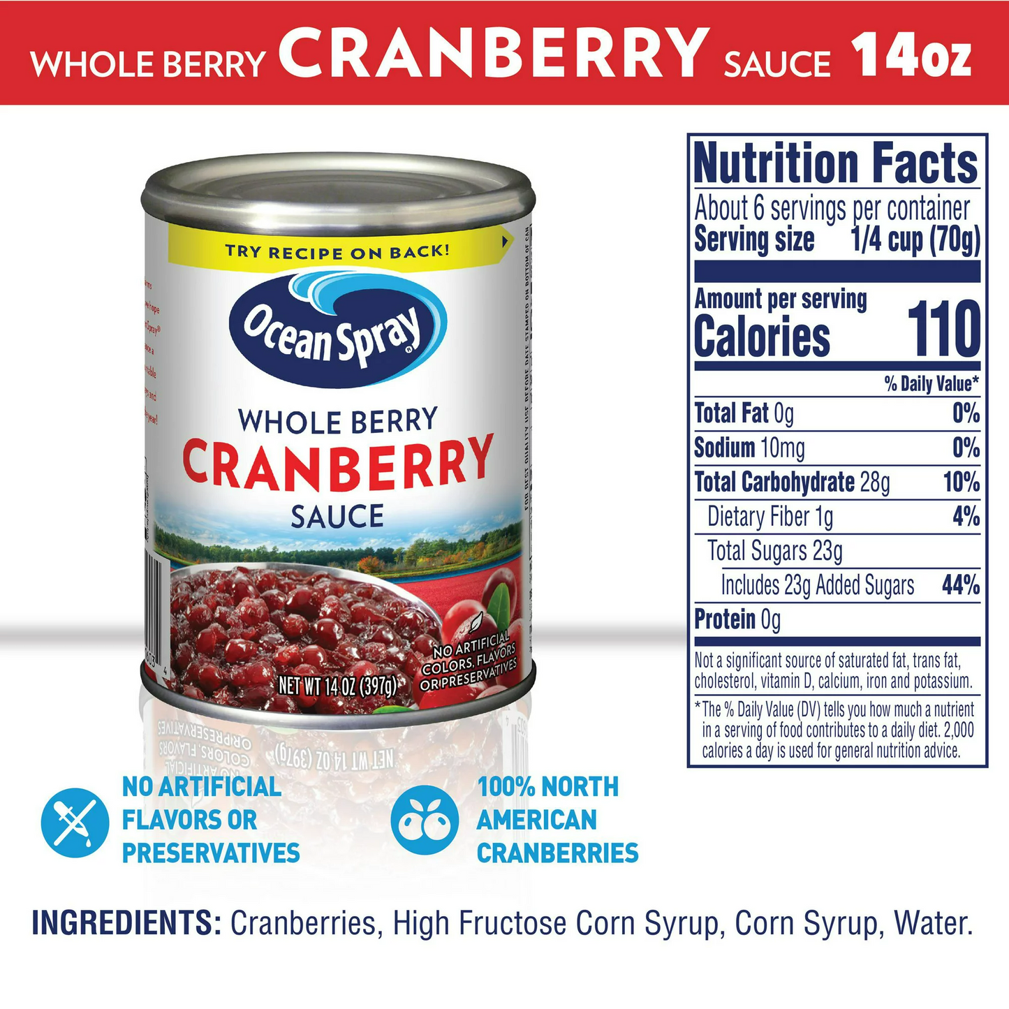 Ocean Spray Whole Berry Cranberry Sauce, 14 oz Can