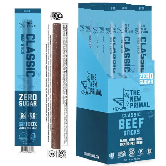 The New Primal Classic 100% Grass-Fed Beef Meat Sticks Zero Sugar, 20 Count