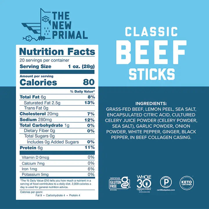 The New Primal Classic 100% Grass-Fed Beef Meat Sticks Zero Sugar, 20 Count