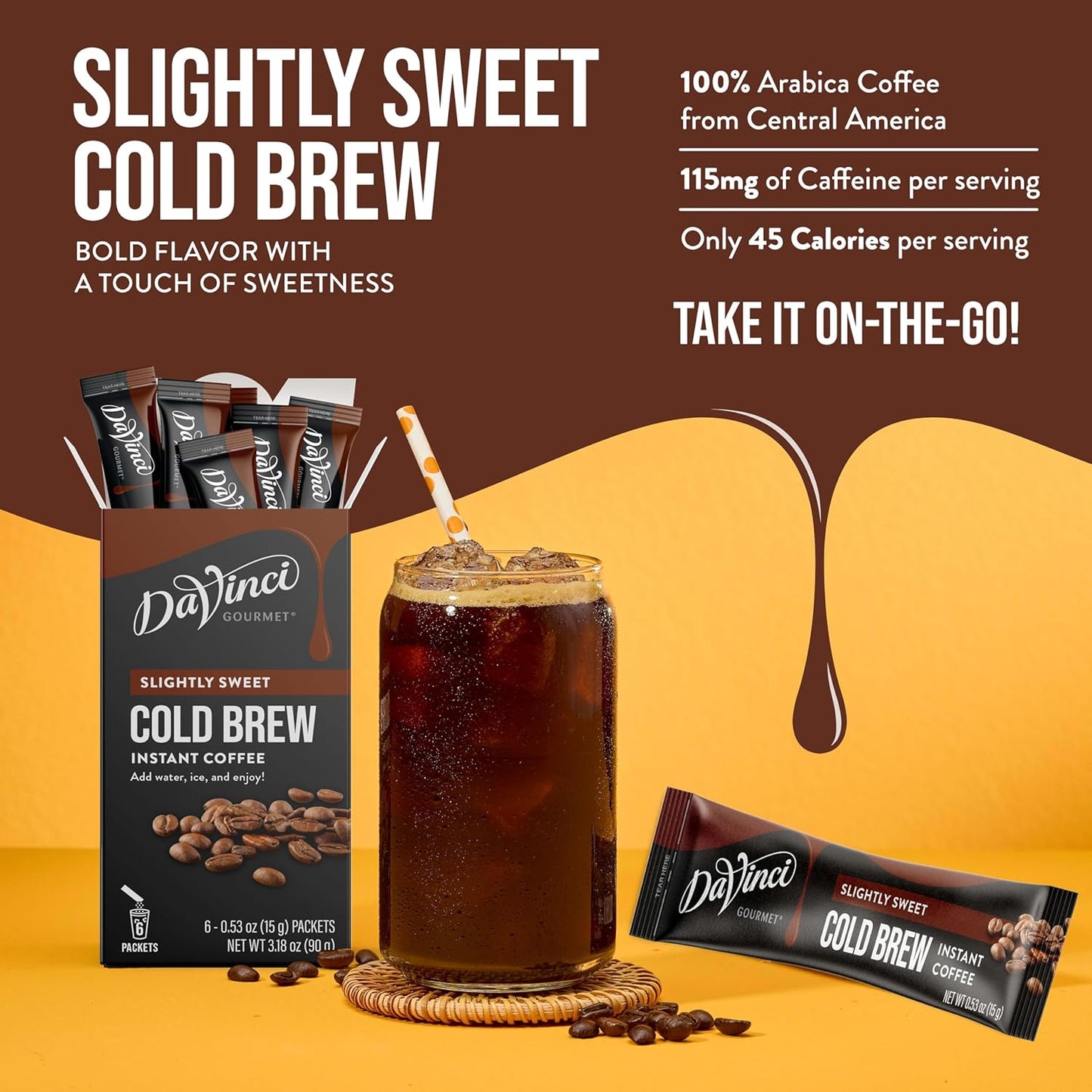 DaVinci Gourmet Slightly Sweet Cold Brew Stick Pack, Instant Coffee Powder, 6 Coun