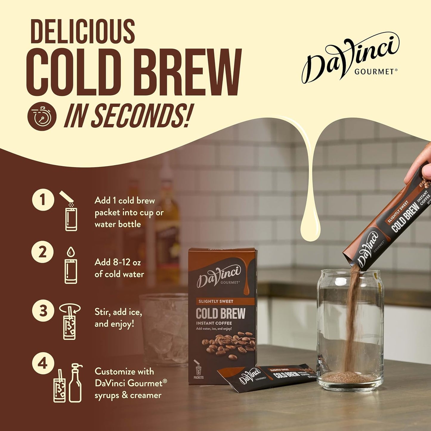 DaVinci Gourmet Slightly Sweet Cold Brew Stick Pack, Instant Coffee Powder, 6 Coun