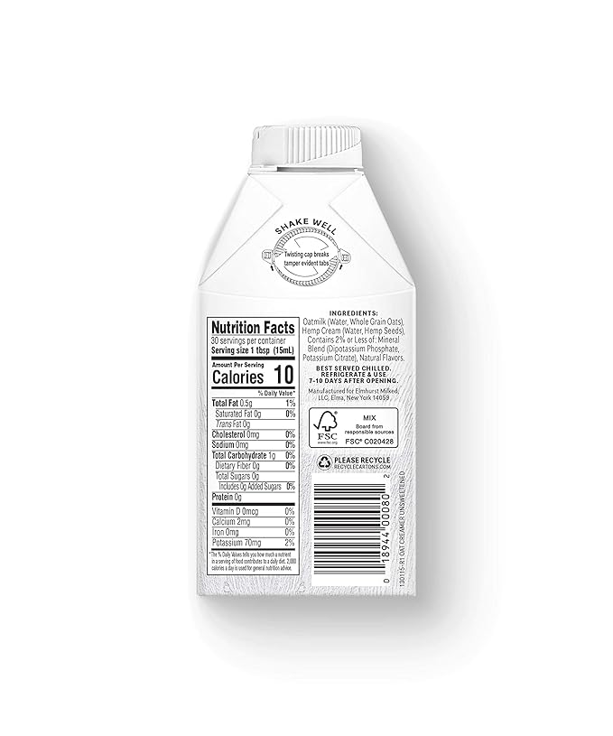 Elmhurst Unsweetened Oat Creamer, Plant-Based, Vegan, 16 oz