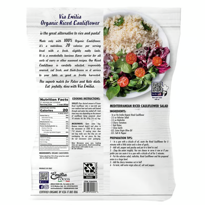 Via Emilia Organic Riced Cauliflower, 4 x 16 oz Steamable Bags