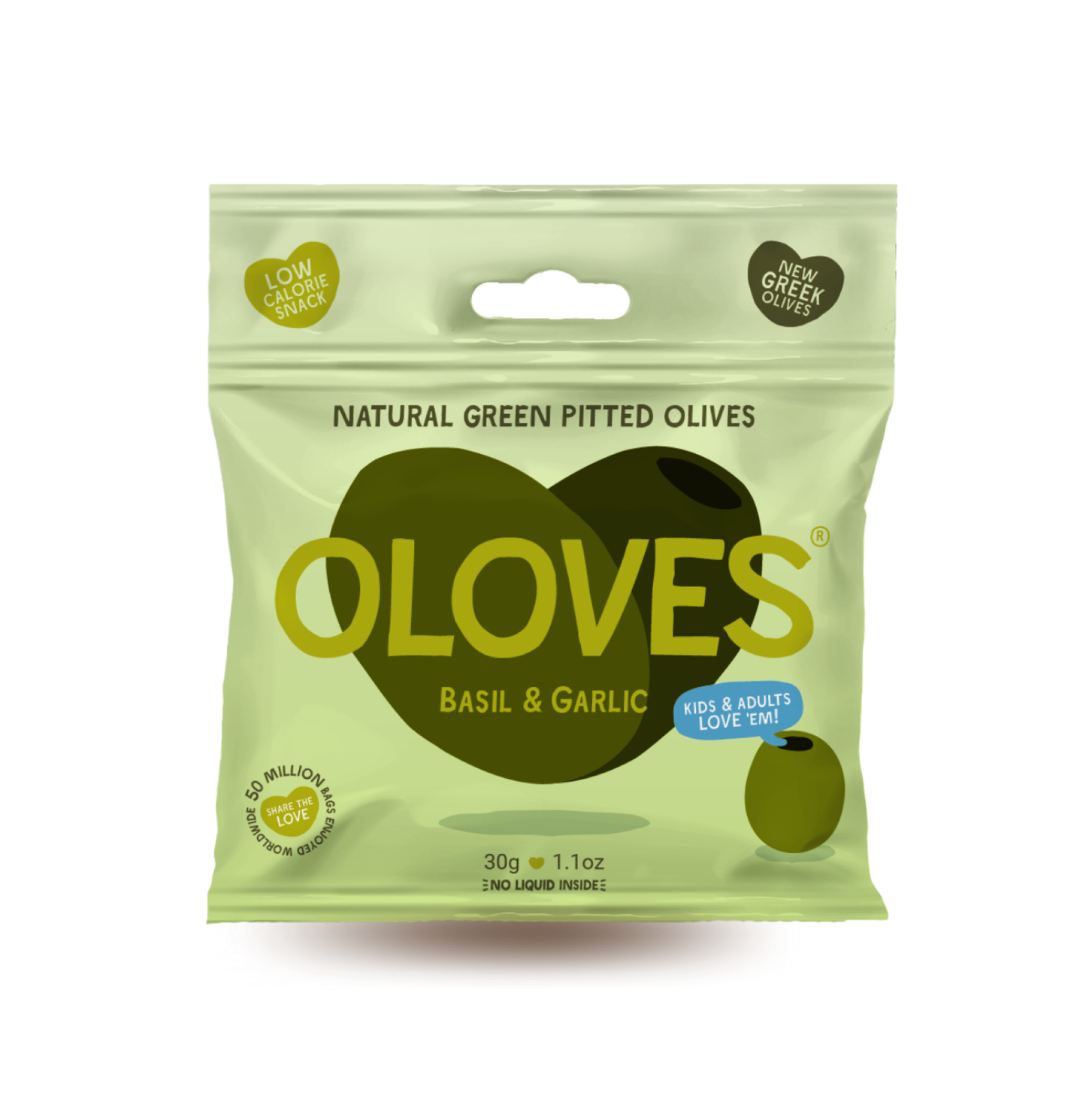 Oloves Basil & Garlic Pitted Green Olives, 1.1 oz