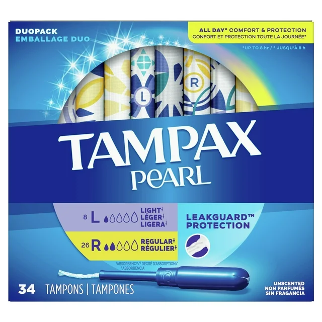 Tampax Pearl Tampons Duo Multipack Light/Regular Absorbency, 34 Count