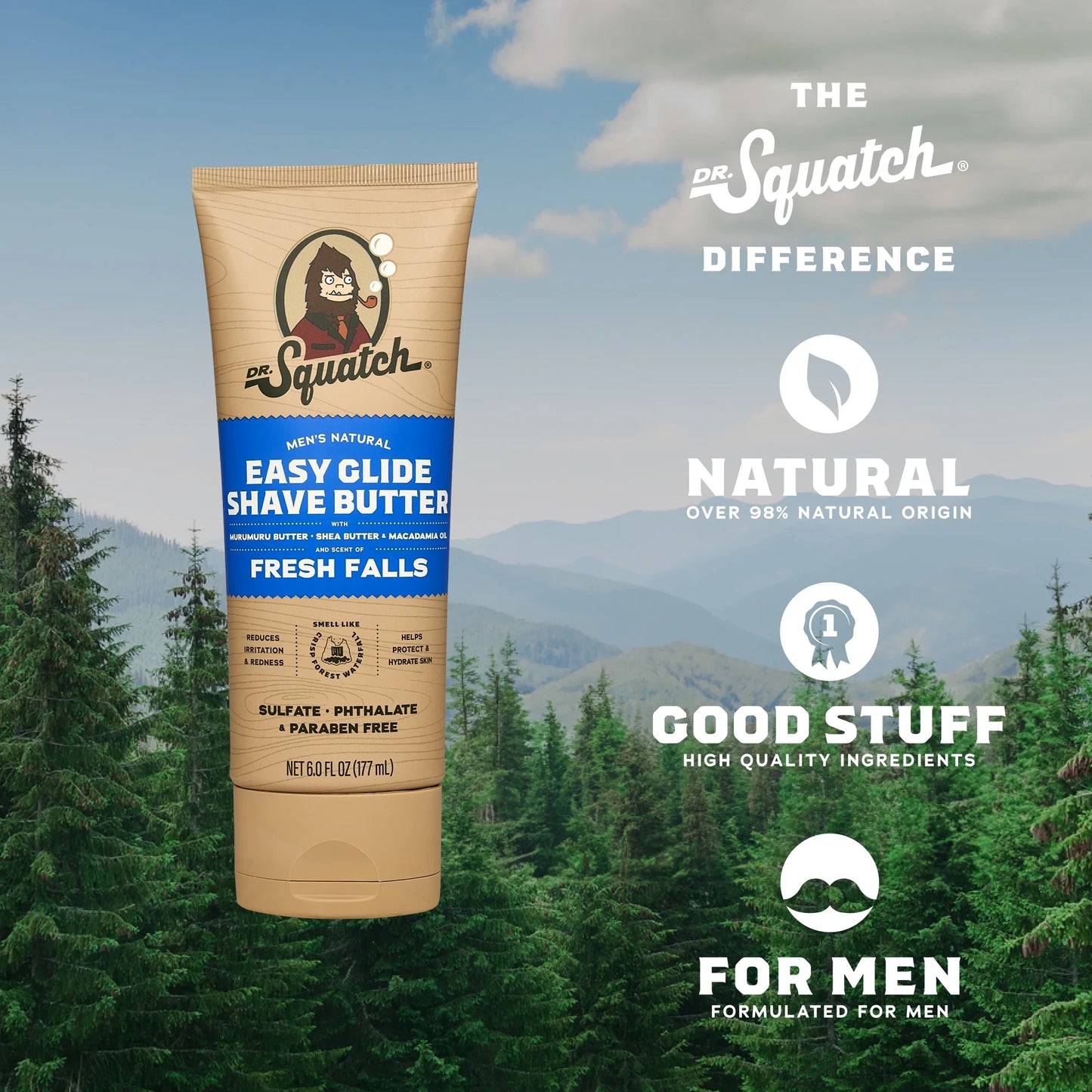 Dr. Squatch Natural Shave Butter, Easy-Glide Shaving Cream for Men, Fresh Falls, 6 fl oz