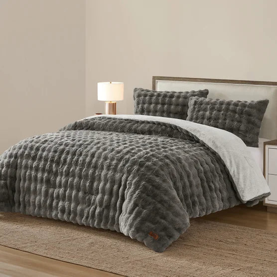 FRYE 3-piece Faux Fur Comforter Set Gray King Size