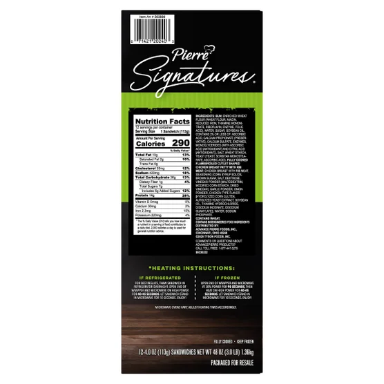 Pierre Signatures Grilled Chicken Sandwich, 4 oz, 12 ct