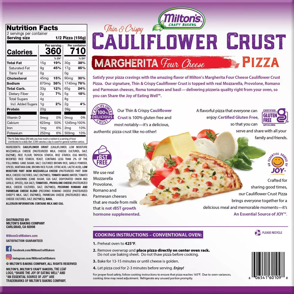 Milton's Frozen Margherita Cauliflower Crust Pizza - 11oz