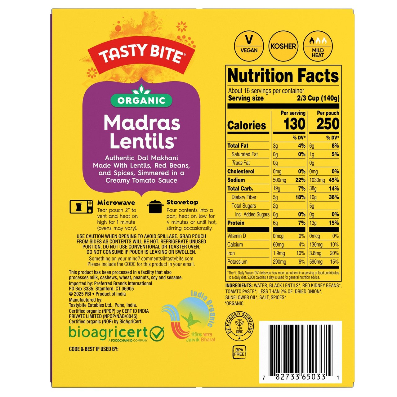 Organic Tasty Bite Madras Lentils, 10 oz, 8-count
