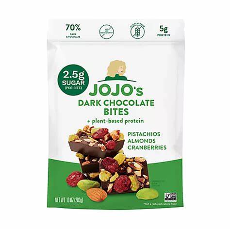 JOJO'S Dark Chocolate PISTACHIO ALMOND CRANBERRY BITES + Plant-based Protein, 10 oz