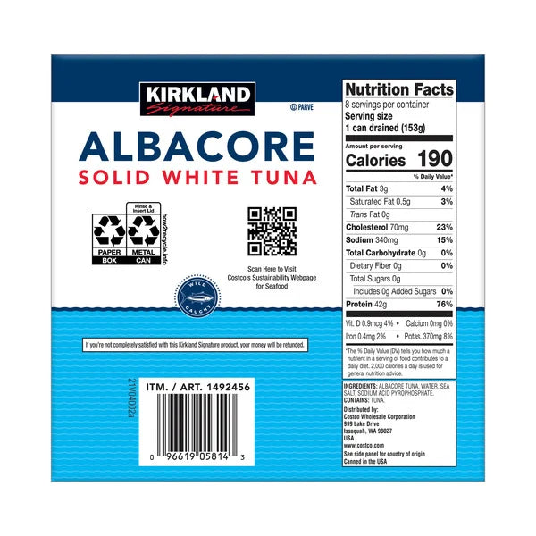 Kirkland Signature, Albacore Solid White Tuna in Water, 7 oz, 8-Count