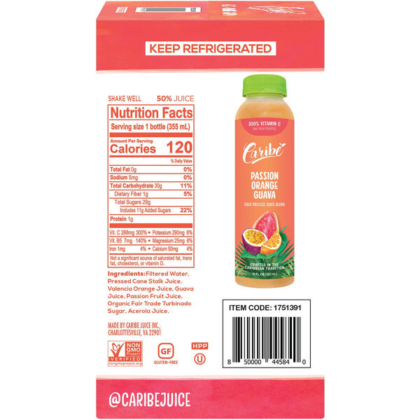 Caribe Cold Pressed Juice Blend, Passion Orange Guava, 12 fl oz, 6 ct