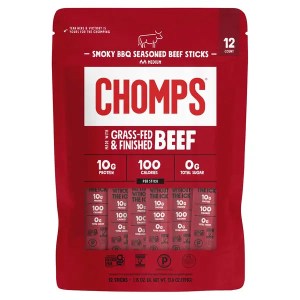 Chomps Smokey BBQ Seasoned Beef Sticks, 1.15 oz, 12-count