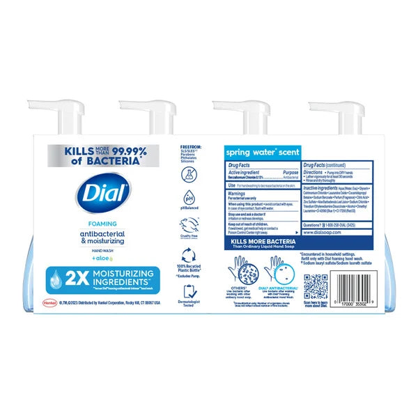 Dial Antibacterial & Moisturizing Foaming Hand Wash + Aloe, Spring Water Scent, 7.5 fl oz, 4 ct