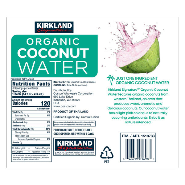 Kirkland Signature Organic Coconut Water, 14 fl oz, 6-count