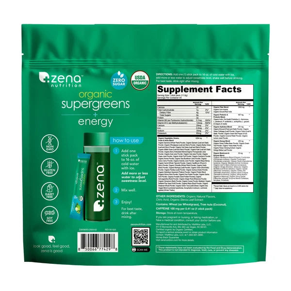 Zena Supergreens Plus Energy, 45 Stick Packs
