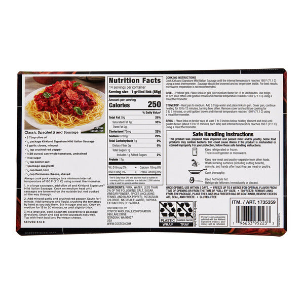 Kirkland Signature Mild Italian Sausage, 3.5 lbs