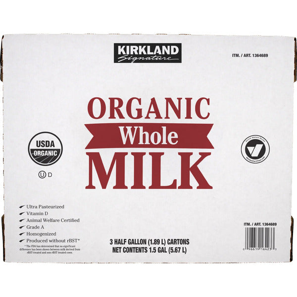 Kirkland Signature Organic Whole Milk, Half Gallon, 3 ct
