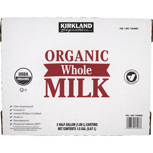 Kirkland Signature Organic Whole Milk, Half Gallon, 3 ct