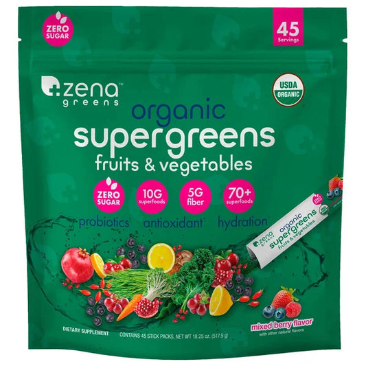 Zena Greens Organic Supergreens Fruits & Vegetables, Mixed Berry, 45 ct
