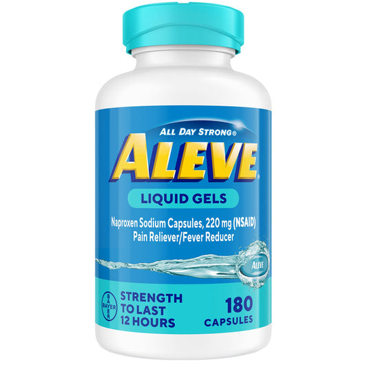 Aleve Naproxen Sodium 220 mg. Pain Reliever/Fever Reducer, 180 Liquid Gels