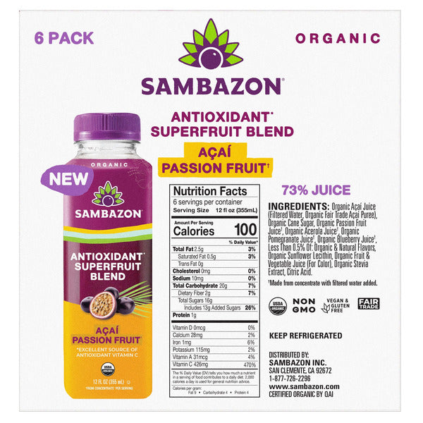 Sambazon Organic Acai Passion Fruit Antioxidant Blend, 12 fl oz, 6-count