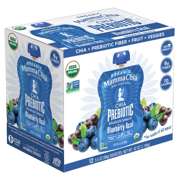 Mamma Chia Organic Chia Prebiotic Squeeze Snack, Blueberry Acai, 3.5 oz, 12-count