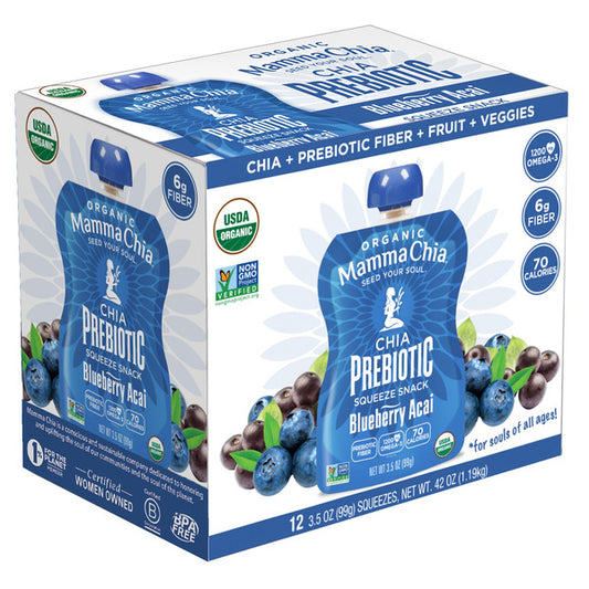 Mamma Chia Organic Chia Prebiotic Squeeze Snack, Blueberry Acai, 3.5 oz, 12-count