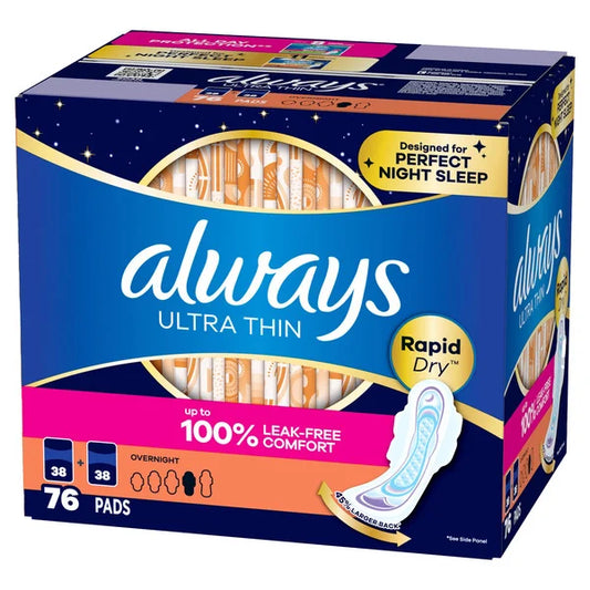 Always Ultra Thin Overnight Pads with Wings, Unscented, Size 4, 76 ct