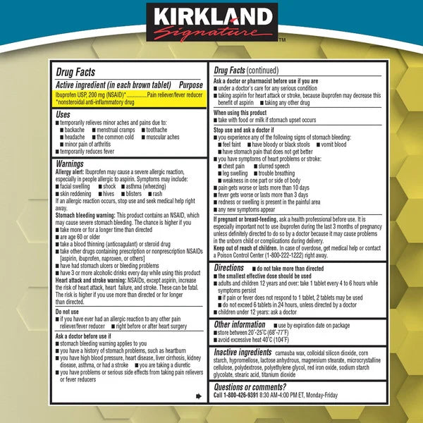 Kirkland Signature Ibuprofen, 200 mg, 500 Tablets, 2 Count