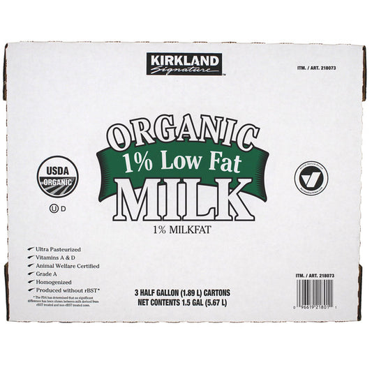Kirkland Signature Organic Milk, 1% Low Fat, Half Gallon, 3 ct