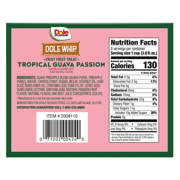 Dole Whip Frozen Treat, Tropical Guava Passion, 3.6 oz, 8-count