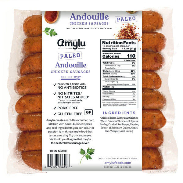 Amylu Paleo Andouille Chicken Sausages, 16-count