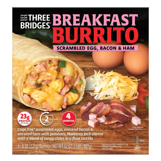 Three Bridges Egg Bacon Ham Burrito, 8 oz, 4-count