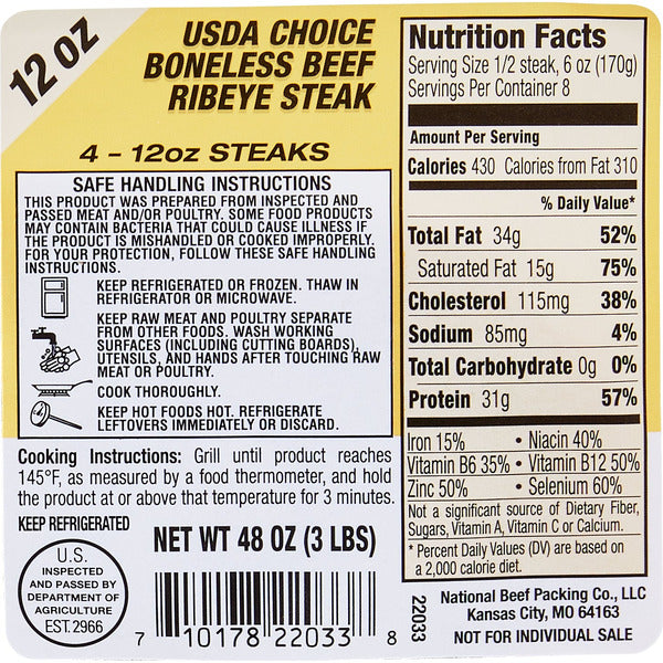 USDA Choice Beef Ribeye Steak, 12 oz, 4 ct