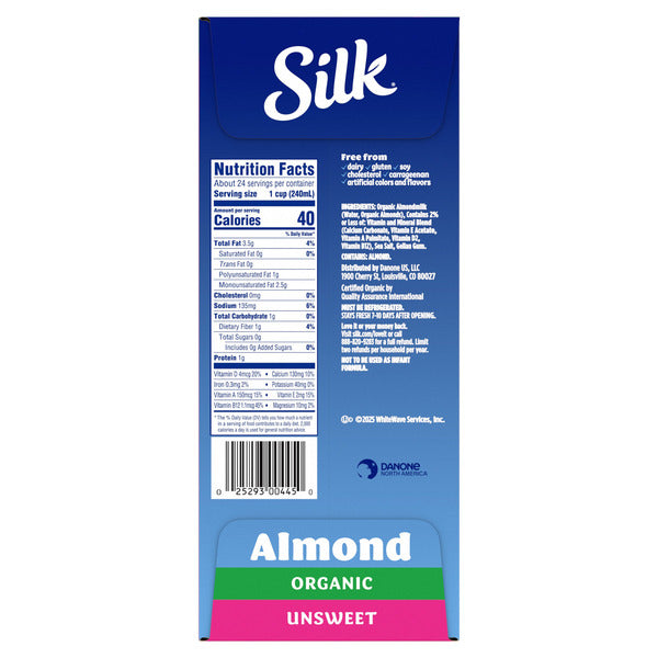 Silk Organic Almond Milk Unsweet, Half Gallon, 3-count