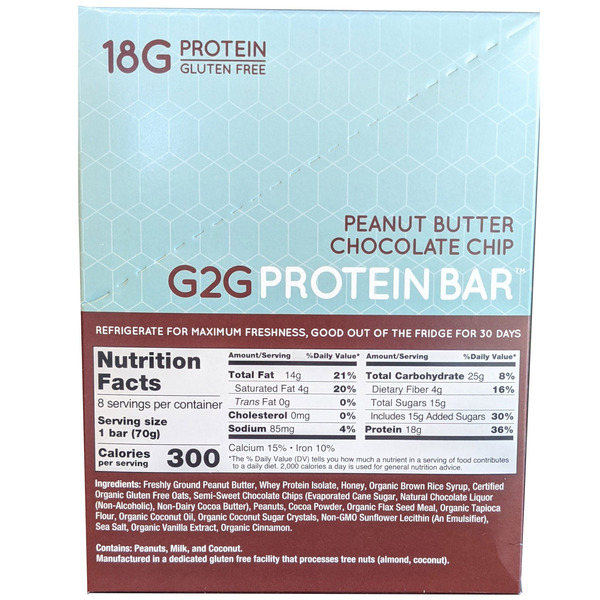 G2G Protein Bar, Peanut Butter Chocolate Chip, 2.47 oz, 8-count