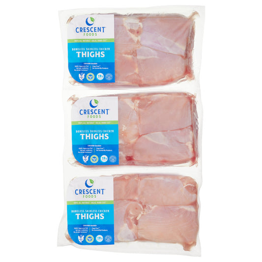 Crescent Foods Halal Chicken Thighs, Hand Cut, Boneless Skinless