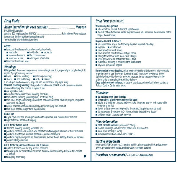 Advil Liqui-Gels Ibuprofen 200 mg., Pain Reliever/Fever Reducer, 240 Capsules
